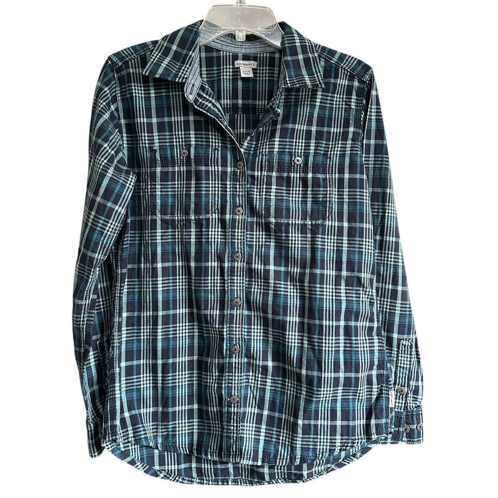 Carhartt Womens Plaid Button Down Shirt Blue Teal Roll Tab Sleeve S 4/6 Workwear